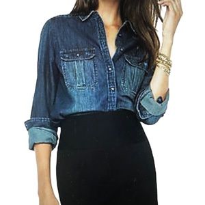 NWT Express Dark Denim Jean Shirt Distressed Top Sz Small Chambray Long Sleeve
